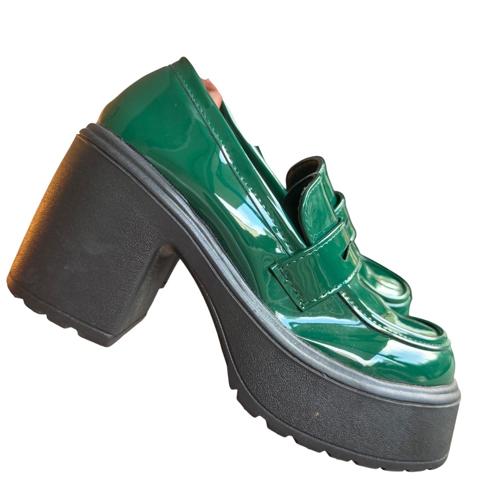 Green Platform Loafers Chunky Lug Sole Y2K Aesthetic Dark Academia Retro US 7.5 - Picture 3 of 8